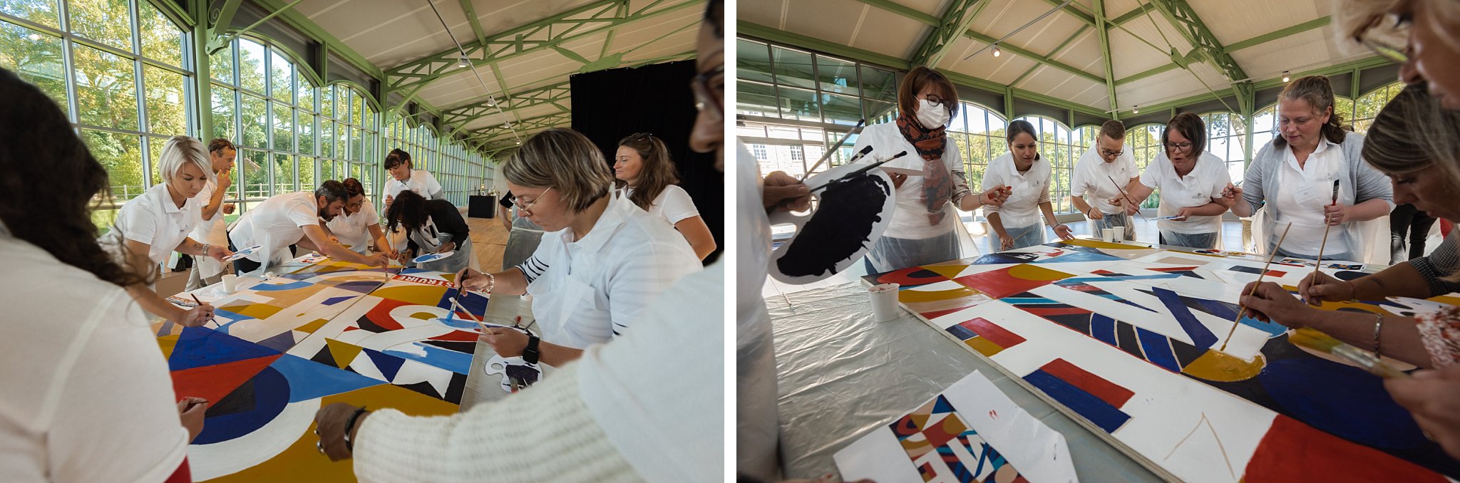 la photographie montre des gens en trin de peindre une fresque, Reportage photo pour un évènement team-building au Château des Pères